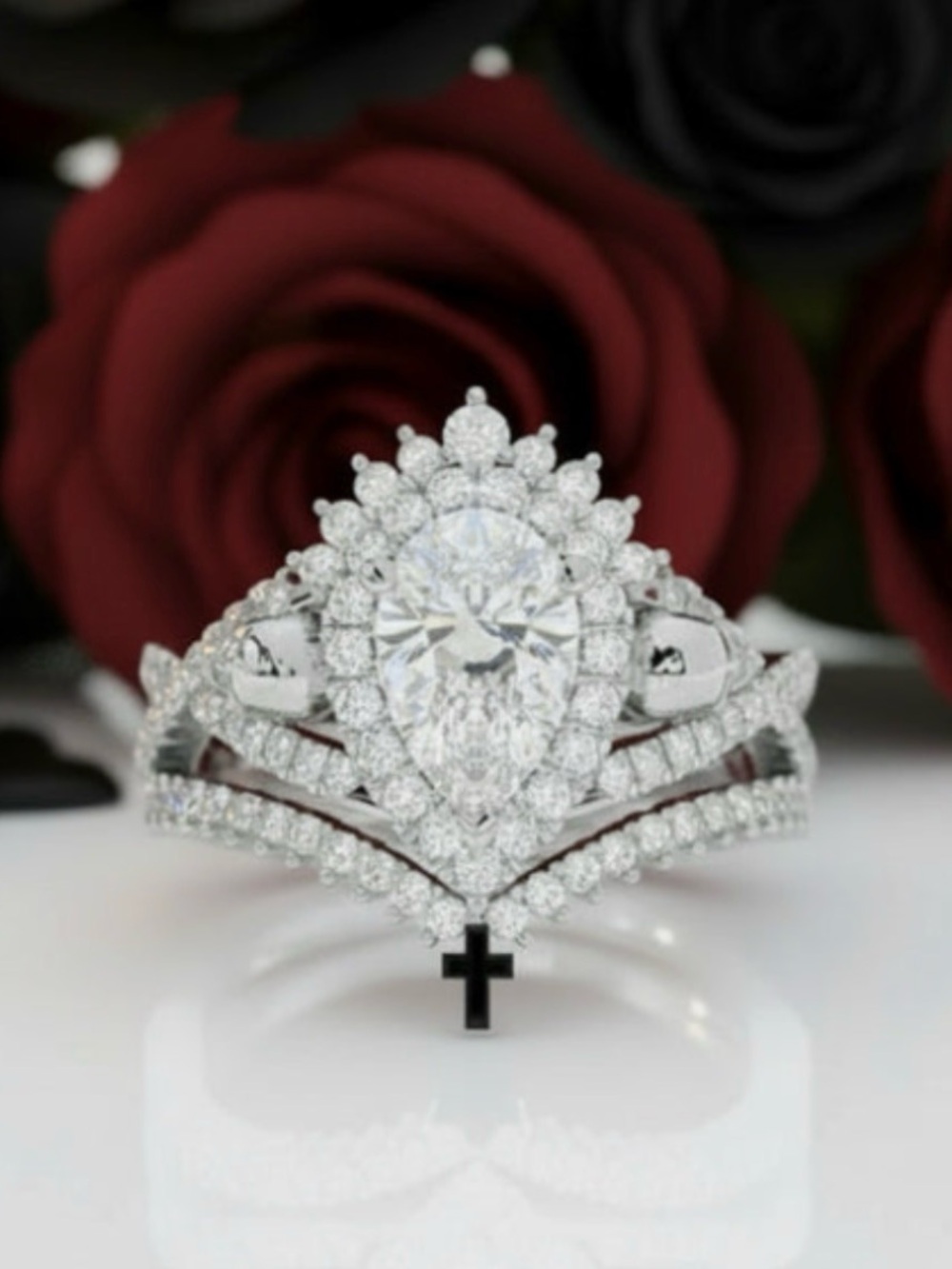 Black Diamond Silver White Pear Halo Bridal Ring Set with Cross Accent